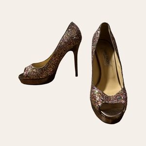 Jimmy Choo Glitter Confetti Metallic Open Toe Heels 39
